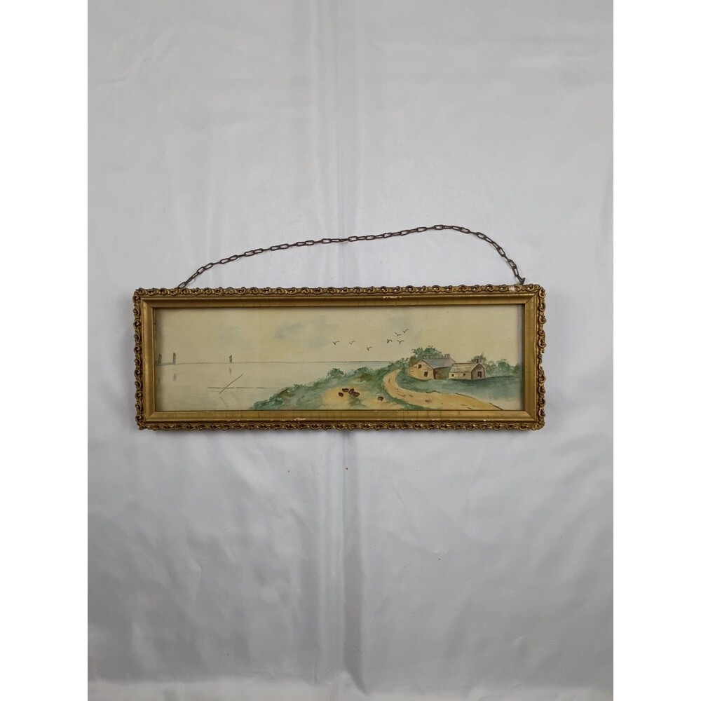 Antique Gold Gesso Panoramic Frame & Coastal Print 16x5.5 Intact Glass Chain